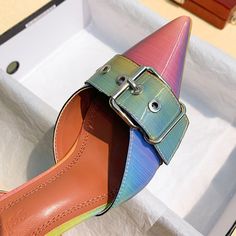 Big Size 35-42 Rainbow Colorful Patent Leather Women Sandals Elegant Pointed Toe Buckle High Heels Wedding Shoes Slingback Pumps Colorful Pointed Toe Heels For Summer, Rainbow Heels With Round Toe For Summer, Multicolor High Heel Mules, Multicolor Closed Toe Sandals With Buckle Closure, Multicolor Slingback Sandals For Party, Multicolor Pointed Toe Sandals For Summer, Multicolor Leather Heels With Buckle Closure, Colorful Closed Toe Summer Heels, Colorful Closed Toe Heels For Summer