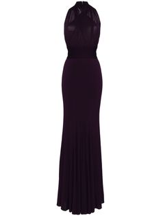 dark purple stretch-design V-neck rear button fastening rear zip fastening open-back setting sleeveless flared skirt floor-length curved hem Gown Purple, Purple Clothing, Open Back Gown, Purple Outfits, Flared Skirt, Flare Skirt, Dark Purple, Floor Length, Open Back