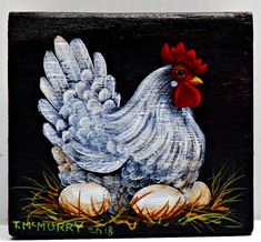 a painting of a rooster sitting on some eggs