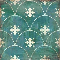 an art deco painting with white flowers on green and gold background, in the shape of fan shapes