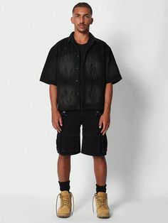 SUMWON Boxy Fit Denim Shirts With Flame Embroidery | SHEIN Distressed Black Shirt For Streetwear, Black Distressed Shirt For Streetwear, Black Denim Collared Shirt, Casual Halloween Streetwear Shirt, Black Denim Short Sleeve Tops, Oversized Black Denim Tops, Black Denim Shirt For Fall, Casual Black Denim Shirt, Denim Short Sleeve Shirt For Streetwear