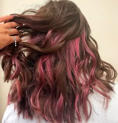 Peekaboo Pink Highlights In Brown Hair, Brunette With Pink Peekaboo, Light Brown Hair With Pink Underneath, Fun Dyed Hair For Brunettes, Subtle Pink Highlights Brunette, Pink Hair Underneath Brown, Pink Hair Dye On Brown Hair, Dark Pink Highlights In Brown Hair, Light Pink Peekaboo Hair