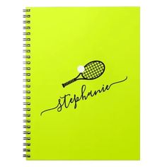 a spiral notebook with the word stephanie written in cursive writing and a tennis racket on it