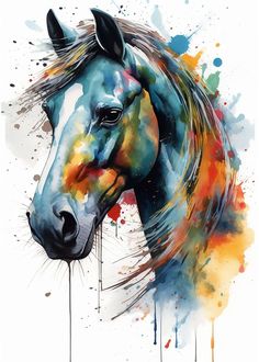 a painting of a horse's head with colorful paint splatters on it