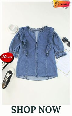 Sky Blue Ruffle Trim Half Sleeve Denim Shirt Spring Denim Top With Ruffles And Short Sleeves, Casual Denim Blouse With Ruffles, Spring Short Sleeve Denim Top With Ruffles, Denim Blue Ruffled Tops For Fall, Blue Denim Top With Ruffles For Spring, Trendy Denim Blouse In Blue, Casual Denim Blue Tops With Ruffles, Denim Blue Ruffled Tops For Spring, Casual Ruffled Denim Top For Fall