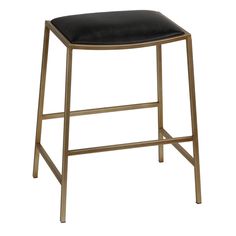 the backless stool has a black leather seat and metal frame, while it sits on a white background