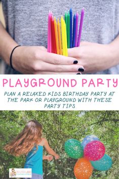 there is a girl holding some birthday candles in her hands with the words playground party on it