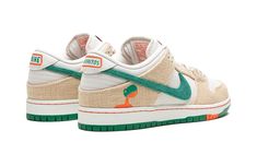 The Jarritos x Nike SB Dunk Low “Phantom” is a collaboration by the Mexican soda company on the iconic skate shoe.  One of several colorways of the SB Dunk Low co-designed by Jarritos and Nike SB, the “Phantom” features a white leather base with contrasting tan hem overlays that can be worn away to feature an underlying orange suede layer.  A Jarritos logo appears on the lateral side of the heel and a green hemp Swoosh is found on the mid-panel.  Dual Jarritos and Nike SB branding appears on the Mexican Soda, Adidas Sl 72, Nike X Travis Scott, Mexican Drinks, Low Air Jordan 1, Baby Nike, Nike Swoosh Logo, Nike Sb Dunk Low, Limited Edition Sneakers