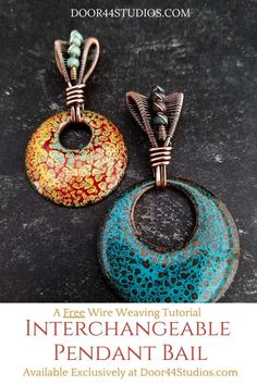 two pendants that are made out of polymer and wire, with the words interchange bead