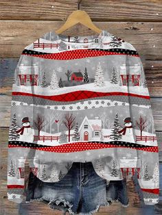 Winter Long Sleeve Patchwork Blouse, Multicolor Long Sleeve Christmas Tops, Winter Red Printed Tops, Red Printed Tops For Winter, Multicolor Tops For Holiday Fall Season, Multicolor Tops For Fall Holiday, Multicolor Tops For Holiday In Fall, Snow Scenes, Height And Weight