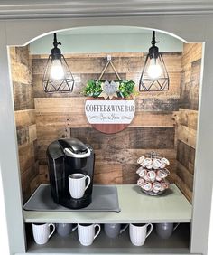 the coffee bar is decorated with wood planks