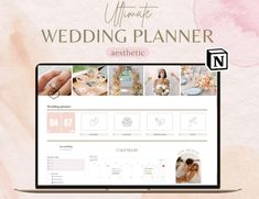 the ultimate wedding planner website is displayed on a laptop screen with pink watercolor background