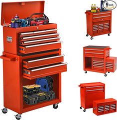 red tool cabinet with drawers and tools on the top, below it is an assortment of tools