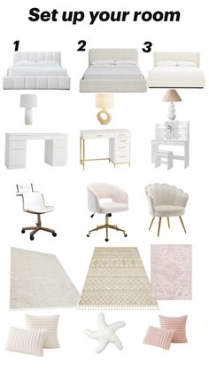 white bedroom furniture and accessories with text overlay that says set up your room