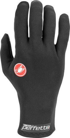 a black glove with red and white logo on the palm, which is attached to it