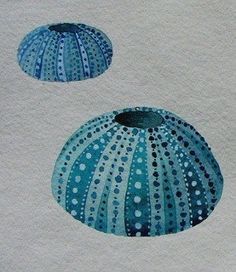 two blue seashells painted on white paper, one with dots and the other without