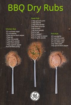 three spoons with different types of dry rubs on them, labeled bbq dry rubs