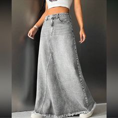 Boho Light Grey Raw Hem Jean Denim Pockets Maxi Skirt Xs S M L, Cotton Blend, Ships In 7-8 Days Summer Full-length Skirt With Frayed Hem, Summer Full Length Skirt With Frayed Hem, Trendy Long Denim Skirt With Frayed Hem, Trendy Long Skirt With Frayed Hem, Casual Wide Leg Skirt With Frayed Hem, Full-length Cotton Denim Skirt With Frayed Hem, Casual Summer Maxi Skirt With Frayed Hem, Full-length Cotton Skirt With Frayed Hem, Casual Full-length Denim Skirt With Frayed Hem