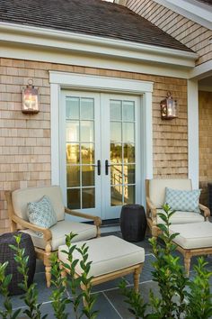 an advertisement for french doors in front of a house