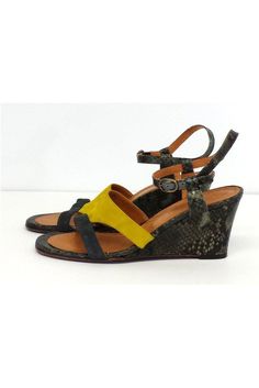 Size 9 EU 39 Finde Suede & Leather Colorblock Wedge Sandals Retails for $394.00 Made in Spain Mustard and gray suede upper Adjustable slingback ankle strap with gold tone buckle Snake print trim and wedge Leather lining Lightly padded insole Leather outsole Minimal wear on outsole Wedge height 2.75"