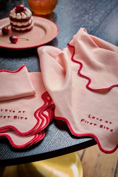 Add these quirky Rockett St George First Bite Napkins to your tablescape for a fun and flirty finish. Made from pure cotton with scalloped edges and embroidered slogan. Machine washable. 4 x Napkins 100% Cotton. Rockett St George, First Bite, St George, Cotton Napkins, Napkins Set, Decoration Table, Dinner Table, Embroidery Art, Tablescapes