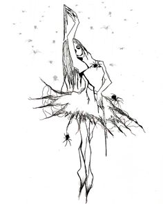 a black and white drawing of a ballerina holding her arms up in the air