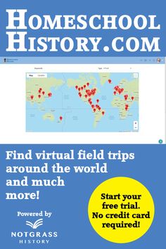 a blue poster with the words homeschool history com and an image of a world map