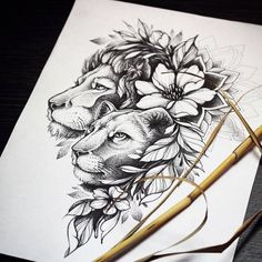 a drawing of a lion with flowers on it's head and a pencil next to it