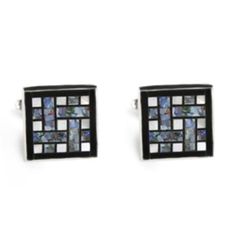 "These sterling silver cufflinks are made of a natural stone mosaic inlay of blue Opal, Onyx, and Mother of Pearl. The blue opal has gorgeous flashes of color and is very good quality. Each cufflink is 17mm by 17mm (over 1/2\" inch). Handmade in the USA." Celtic Knot Sterling Silver Cufflinks, Coastal Weddings, Natural Stone Mosaic, Mosaic Inlay, Square Knot, Silver Stacking Rings, Silver Cufflinks, Stone Mosaic, Tie Accessories