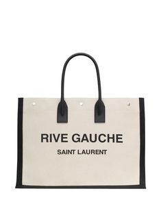 beige/black cotton-linen blend canvas logo print to the front leather top handles main compartment Saint Laurent Rive Gauche Tote, Rive Gauche, Canvas Leather, Rivets, Leather Top, Dior Bag, Logo Print, Cotton Linen, Black Cotton