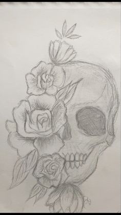 a drawing of a skull with roses on it