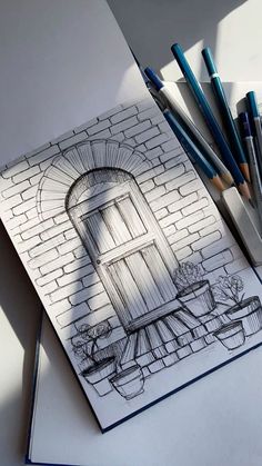 a drawing of an open door with potted plants on the table next to it