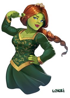 a cartoon character with red hair and green dress