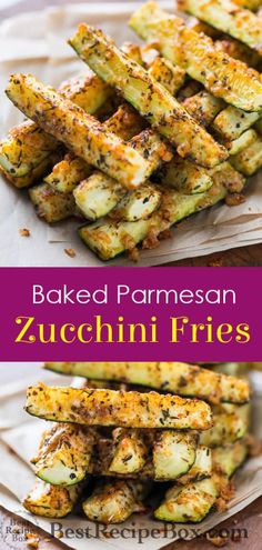 baked parmesan zucchini fries on a plate with the title above it