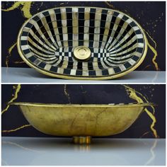 two pictures of a gold and black bowl