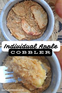 an individual apple cobbler in a bowl with a fork