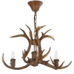 the antler chandelier is made from wood and has four lights on each side