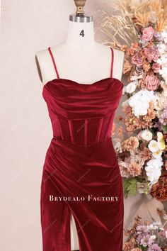 Elevate elegance with our ruby silky velvet prom dress. Featuring a corset bodice, pleated sweetheart neckline, visible boning, and crisscross back closure. The fit and flare skirt boasts a draping high slit on the right leg for a touch of allure. shown color: ruby with build-in bra with boning back lace up + zipper fully lined Prom Dress Corset, Velvet Prom Dress, Fit And Flare Skirt, Corset Bodice, Prom Formal, Formal Dresses Prom, Flare Skirt, Formal Dress, Sweetheart Neckline