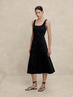 Cotton-Satin Midi Dress | Banana Republic Factory Chic A-line Satin Dress With Fitted Bodice, Classic A-line Satin Dress, Elegant Cotton Midi Dress With Fitted Bodice, Formal Cotton A-line Midi Dress, Elegant Silk Midi Dress With Square Neck, Elegant Cotton Workwear Dresses, Elegant Cotton Dress For Work, Chic Square Neck Satin Dress For Formal Occasions, Chic Square Neck Satin Dress For Formal Events