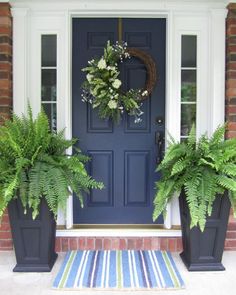 two potted plants sitting in front of a blue door with a wreath on it