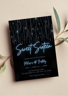 a black and white party card with the words sweet sixteen written in neon lights on it