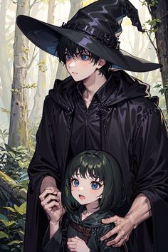 two people dressed up in witches costumes and holding each other's hands while standing in the woods