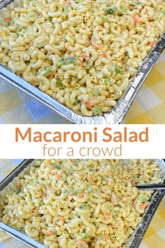 Collage of Macaroni Salad for a Crowd with text Macaroni Salad With Sweet Condensed Milk, Graduation Party Side Dishes, Food For 80 People, Easy Macaroni Salad Simple, Cheap Cookout Food For A Crowd, Cookout Sides For A Crowd, Big Meals For A Crowd, Cheap Side Dishes For A Crowd, Cookout Side Dishes For A Crowd