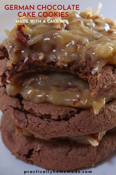 german chocolate cookies are stacked on top of each other