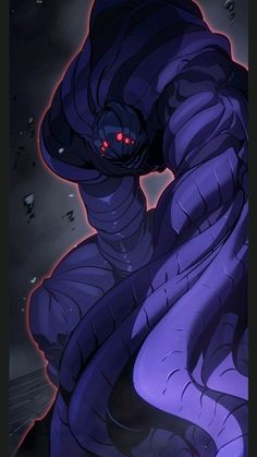 an anime character with red eyes and purple hair, standing in front of a dark background