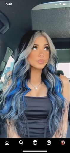 Black Blue And Blonde Hair, Blue Black And Blonde Hair, Blue Blonde And Black Hair, Black With Color Hair, Black And Blue Hair Underneath, Black With Blue Underneath Hair, Blue Hair With Money Piece, Colorful Money Piece Hair Brunette, Blue Hair Dye Underneath