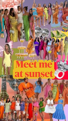 a collage of women in different dresses and colors with the words meet me at sunset