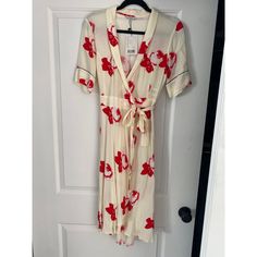 Never Worn, Tags On. Wrap Style With Flowers. Spring Holiday Midi Dress, Red Midi Dress For Daywear In Spring, Ganni Wrap Dress, Button Down Denim Dress, Ganni Dress, Satin Wrap Dress, Draped Midi Dresses, Purple Midi Dress, Georgette Dress