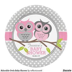 two owls are sitting on a branch with polka dots and the words, baby shower