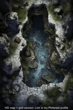 an aerial view of a river surrounded by rocks